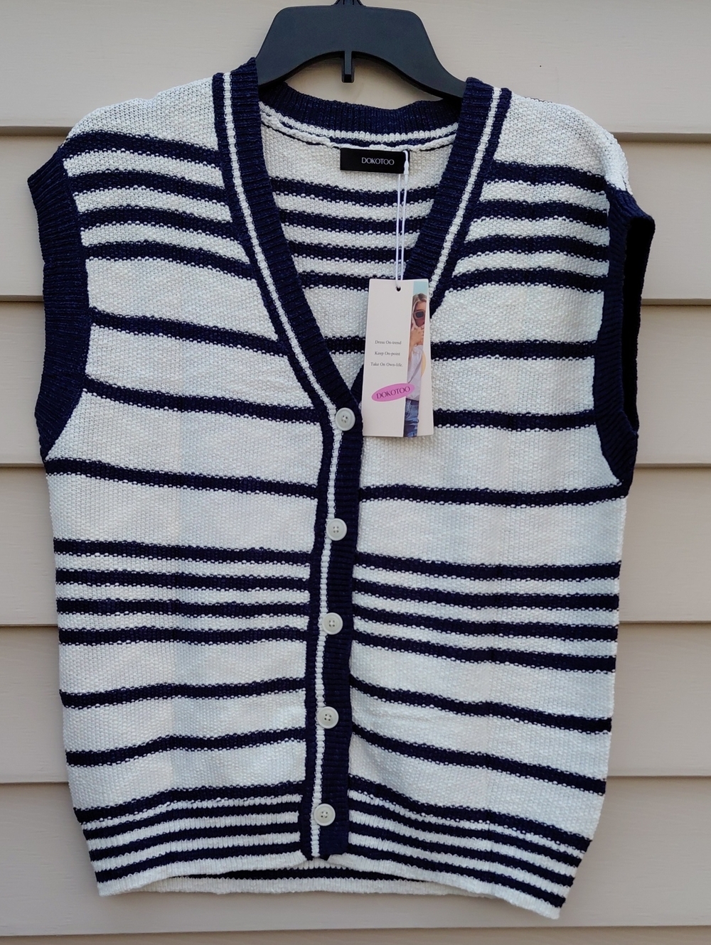 DOKOTOO Women's Navy and White Striped Sleeveless Knit Cardigan Vest Size Small